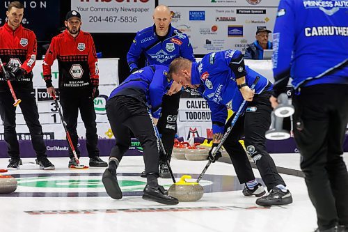 MIKE DEAL / WINNIPEG FREE PRESS
Skip Brad Jacobs with Team Carruthers during the Men&#x2019;s curling provincials in Stonewall, MB, Friday morning.
See Taylor Allen story
240209 - Friday, February 09, 2024.