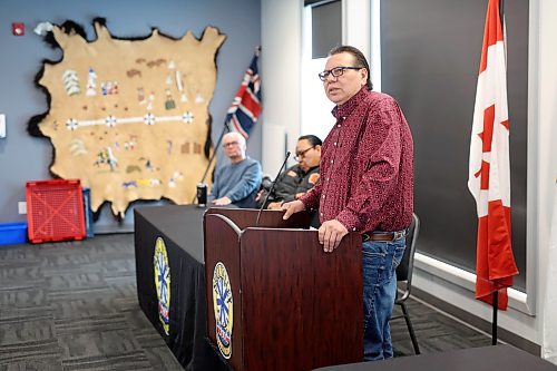 09022024
Sioux Valley Dakota Nation chief Vince Tacan speaks during a press conference at Sioux Valley and signing of a memorandum of understanding between Tacan, Canupawakpa Dakota Nation chief Raymond Brown and Dakota Plains First Nation chief Don Smoke to work together to build a casino along the Trans Canada Highway at Highway 21 south of SVDN. 
(Tim Smith/The Brandon Sun)