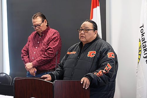 09022024
Sioux Valley Dakota Nation chief Vince Tacan listens as Canupawakpa Dakota Nation chief Raymond Brown speaks at SVDN on Friday during the signing of a memorandum of understanding between Brown, Tacan, and Dakota Plains First Nation chief Don Smoke to work together to build a casino along the Trans Canada Highway at Highway 21 south of Sioux Valley Dakota Nation. (Tim Smith/The Brandon Sun)