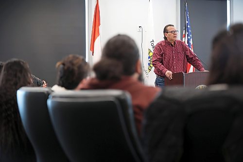 09022024
Sioux Valley Dakota Nation chief Vince Tacan speaks during a press conference at Sioux Valley and signing of a memorandum of understanding between Tacan, Canupawakpa Dakota Nation chief Raymond Brown and Dakota Plains First Nation chief Don Smoke to work together to build a casino along the Trans Canada Highway at Highway 21 south of SVDN. 
(Tim Smith/The Brandon Sun)