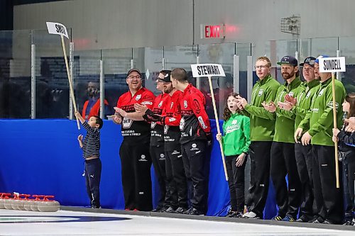 BROOK JONES / WINNIPEG FREE PRESS
Members of Team Smith during the opening ceremony of the 2024 Manitoba Men's Curling Championships - Viterra Championships at the Veterans Memorial Sports Complex in Stonewall, Man., Wednesday,  Feb. 7, 2024. Members of Team Smith (wearing red and black) include L-R: Lead Justin Twiss, second Jared Hancox, third Nick Curtis and skip Riley Smith.