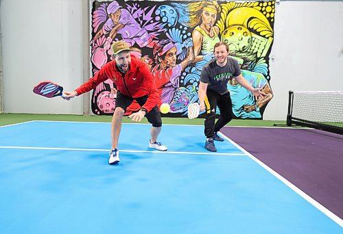 RUTH BONNEVILLE / WINNIPEG FREE PRESS

Sports - Pickle Haus

Ryan Giesbrecht (red) and Justin Friesen, owners of Pickle Haus, have some fun  as they ham it up for the camera on one of their new pickle ball courts Friday.  

See Story by Mike. 

Feb 8th,  2024
