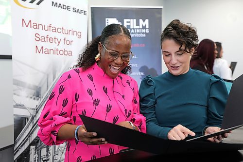 RUTH BONNEVILLE / WINNIPEG FREE PRESS

BIZ - EmpowHer

Photo of Ayemere Osaherumwen (left in pink) and Lee Pauls all smiles after receiving their Certificate of completion from Manufacturing Essentials and Film essentials respectively, Friday. 

 The Manitoba Construction Sector Council, Film Training Manitoba and Canadian Manufacturers and Exporters have joined to create the EmpowHer Women in Trades Training Program. The program held its first graduation ceremony with a total of 43 female graduates from all 3 program Friday. 


See Gabby's story. 


Feb 8th,  2024
