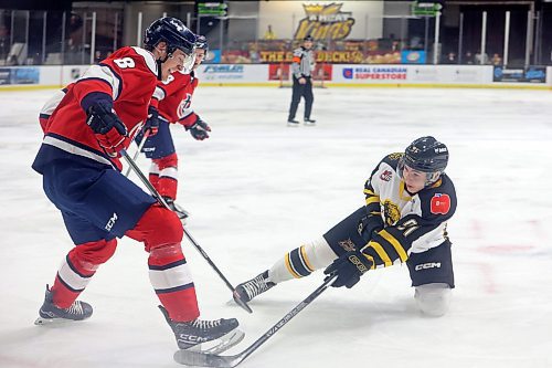 09022024
Nolan Flamand #91 of the Brandon Wheat Kings fires a shot on net past Noah Chadwick #8 of the Lethbridge Hurricanes during WHL action at Westoba Place on Friday evening. (Tim Smith/The Brandon Sun)