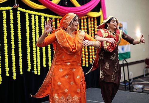 09022024
Prabhjot Kaur and Jashanjot Kaur perform a Bhangra dance as part of the entertainment at the India Pavilion in the Victoria Inn Imperial Ballroom during day two of the Westman Multicultural Festival on Friday evening. 
(Tim Smith/The Brandon Sun)