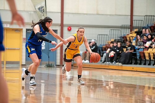BROOK JONES / WINNIPEG FREE PRESS
The University of Manitoba Bisons host the visiting University of British Columbia Okanagan Heat in Canada West women's basketball at Investors Group Athletic Centre at the University of Manitoba Fort Garry campus in Winnipeg, Man., Friday, Feb. 9, 2024. Pictured: Bisons guard Lauren Bartlett (right), who is 5-foot-4, dribbles the basketball down the court while Heat guard Kelsey Galk (left) guards her during first half action.