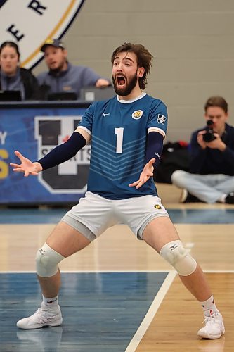 09022024
J.J. Love #1 of the Brandon University Bobcats celebrates a point during university men&#x2019;s volleyball action against the Thomson Rivers University Wolfpack at the BU Healthy Living Centre on Friday evening. 
(Tim Smith/The Brandon Sun)