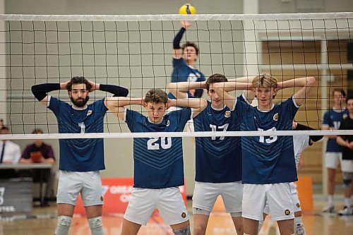 09022024
Brandon University Bobcats players cover the backs of their heads during a serve during university men&#x2019;s volleyball action against the Thomson Rivers University Wolfpack at the BU Healthy Living Centre on Friday evening. 
(Tim Smith/The Brandon Sun)