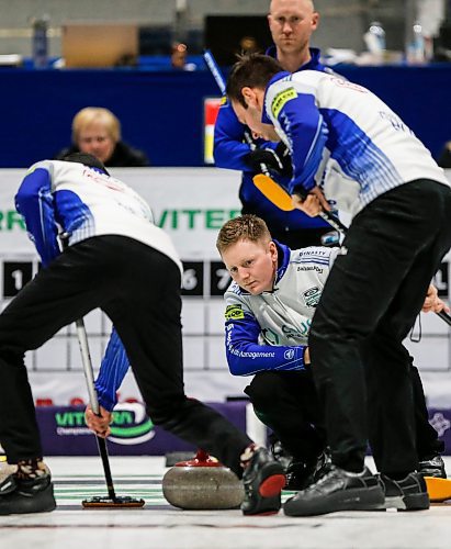 JOHN WOODS / WINNIPEG FREE PRESS
Braden Calvert, centre, competes against Brad Jacobs, background, in the Manitoba mens curling championship in Stonewall Sunday, February 11, 2024. 

Reporter: taylor