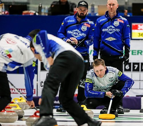 JOHN WOODS / WINNIPEG FREE PRESS
Braden Calvert, centre, competes against Reid Carruthers and Brad Jacobs, background right, in the Manitoba mens curling championship in Stonewall Sunday, February 11, 2024. 

Reporter: taylor