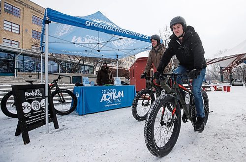 JOHN WOODS / WINNIPEG FREE PRESS
Kris Kuzdub, sustainable transportation coordinator for Green Action Centre (GAC), left, looks on as Drew Riedel, centre, and Eric Metrow head out for a fat bike ride after signing up for the GAC13th Jack Frost Challenge Sunday, February 11, 2024. 

Reporter: ?