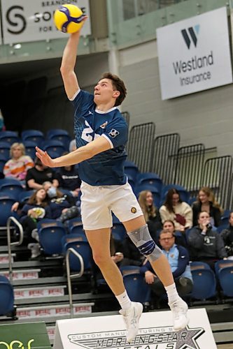 Brandon University Bobcats middle blocker Paycen Warkentin is a rare volleyball player to find success at the Canada West level with goofy footwork, meaning he takes off to serve and attack with his right foot last. (Thomas Friesen/The Brandon Sun)