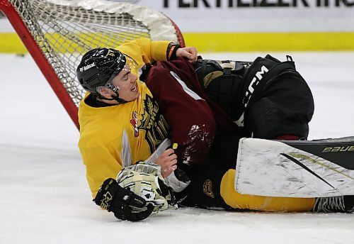 Matt Henry, shown laughing after being tackled by Wheat Kings netminder Ethan Eskit following a recent practice, said he fights to protect his his teammates. (Perry Bergson/The Brandon Sun)
Feb. 15, 2024