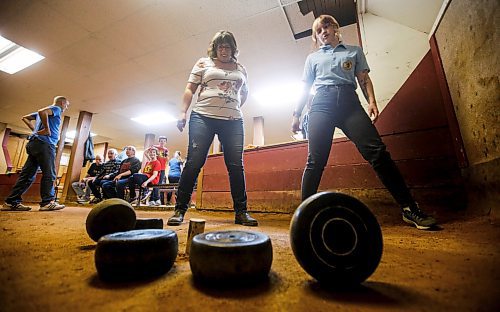 JOHN WOODS / WINNIPEG FREE PRESS
Leah St. Laurent, left, with Hannah Wolchock check their shots during the Tuesday Night Bowlers league at the Belgian Bowling alley in the basement of the Belgian Club Tuesday, January 30, 2024. 

Reporter: dave