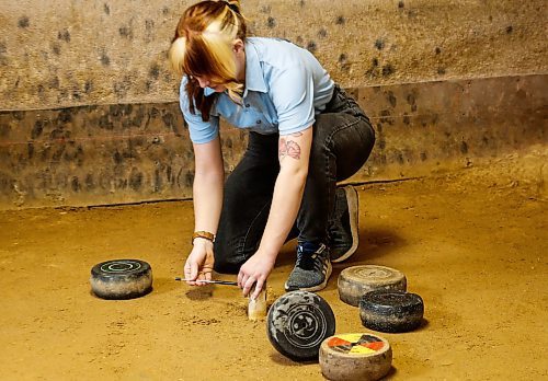 JOHN WOODS / WINNIPEG FREE PRESS
Hannah Wolchock, who has been playing since 8, measures a bolle distance during the Tuesday Night Bowlers league at the Belgian Bowling alley in the basement of the Belgian Club Tuesday, January 30, 2024. 

Reporter: dave