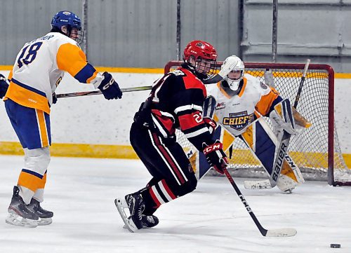 After finding his scoring touch last month, Southwest Cougars forward Tyson Draper earned the Manitoba U18 AAA Hockey League's monthly award. The forward had points in eight of his 10 games, scoring seven goals and finishing January with 15 points, nearly doubling his point total on the year. Here, he's in action last month during a game in Shoal Lake, where the Yellowhead Chiefs won. (Jules Xavier/The Brandon Sun)