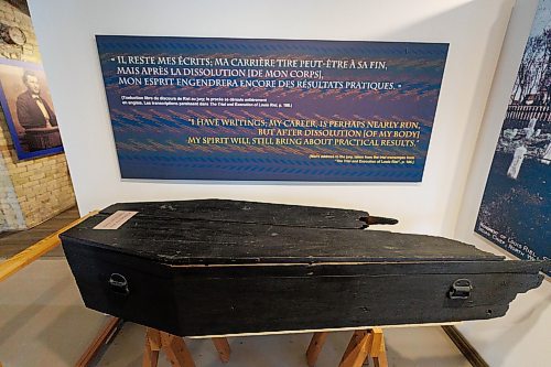 MIKE DEAL / WINNIPEG FREE PRESS
The Louis Riel Exhibit at the St. Boniface Museum.
Louis Riel&#x2019;s coffin
240206 - Tuesday, February 06, 2024.