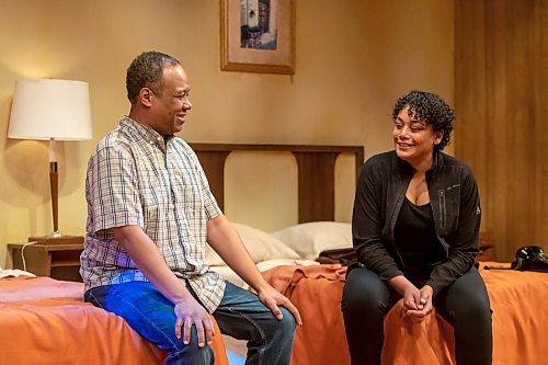 BROOK JONES / WINNIPEG FREE PRESS
Ray Strachan (left), who is portraying Dr. Martin Luther King Jr., and Cherissa Richards, who is portraying Camae, are pictured on stage during a scene inside his room at the Lorraine Motel while rehearsing for the Royal Manitoba Theatre Centre prodution of the Mountain Top in Winnipeg, Man., Tuesday, Feb. 13, 2024. The Mountain Top is a reimagination of the night before King's assassination and runs Feb. 14 to March 9 at the RMTC.