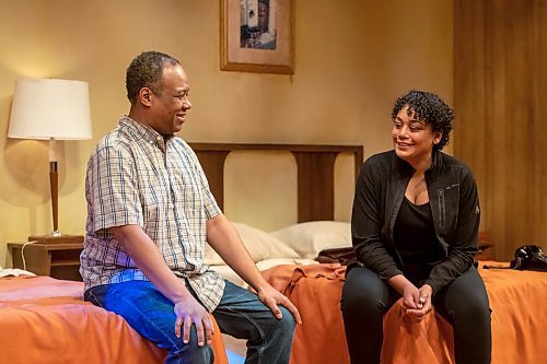 BROOK JONES / WINNIPEG FREE PRESS
Ray Strachan (left), who is portraying Dr. Martin Luther King Jr., and Cherissa Richards, who is portraying Camae, are pictured on stage during a scene inside his room at the Lorraine Motel while rehearsing for the Royal Manitoba Theatre Centre production of the Mountain Top in Winnipeg, Man., Tuesday, Feb. 13, 2024. The Mountain Top is a reimagination of the night before King's assassination and runs Feb. 14 to March 9 at the RMTC.