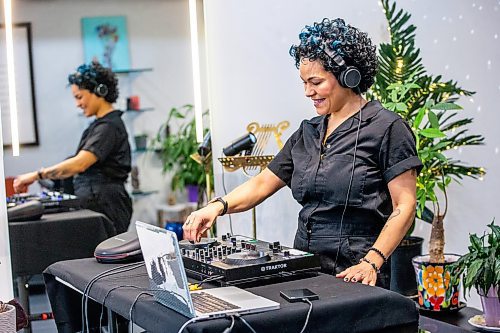 MIKAELA MACKENZIE / WINNIPEG FREE PRESS

Mariana Caadas, known as M.C. Luv, with her equipment in her hair salon on Wednesday, Feb. 7, 2024. Mariana graduated from the DJ Academy in 2015 and has been DJing ever since. For Sabrina story.
Winnipeg Free Press 2024.