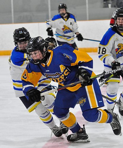 Yellowhead Chiefs left winger Dara Thompson might stand five-foot-six, but she's not easy to defend on puck battles, as she demonstrates her during a road game in Hartney against the second-place Westman Wildcats. (Jules Xavier/The Brandon Sun)