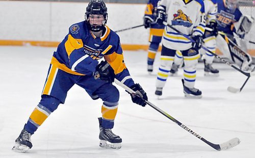 Besides providing offence for the Yellowhead Chiefs, the fourth-year left winger has a strong 200-foot game, here defending at the blue-line facing the Westman Wildcats during a game in January. (Jules Xavier/The Brandon Sun)