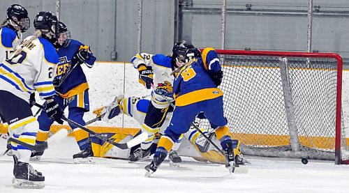 Forward Dara Thompson finished second in team scoring and ninth overall in the U18 AAA Manitoba Female Hockey League with the Yellowhead Chiefs, scoring 15 goals and finishing with 24 points in 28 games. Here, she scores one of her 15 goals on Westman Wildcats goalie Danica Averill. (Jules Xavier/The Brandon Sun)