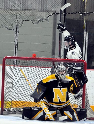 Another high school goalie sits dejectedly in his crease as Vincent Massey Vikings forward Carter Dittmer celebrates behind the net — he's celebrated 54 times so far, with the Vikings having three games left before the playoffs. (Jules Xavier/The Brandon Sun)