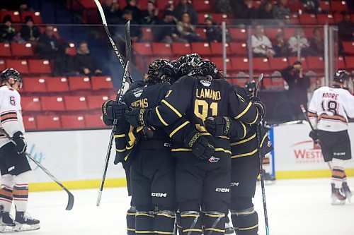 16022024
Brandon Wheat Kings players celebrate a goal during the first period of WHL action against the Calgary Hitmen at Westoba Place on Friday evening. (Tim Smith/The Brandon Sun)