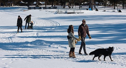 Tyler and Emily Ennis, Ren&#xe9;e Lint, Edwin Langenbach, Ruby and Scout the dog walk along the frozen edge of Clear Lake at Riding Mountain National Park on Saturday. (Colin Slark/The Brandon Sun)