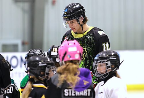 Brandon Wheat Kings forward Caleb Hadland speaks to a group of youngsters at the team&#x2019;s skills competition on Sunday morning at J&amp;G Homes Arena. The event featured the team and a large group of young players. (Perry Bergson/The Brandon Sun)
Feb. 18, 2024