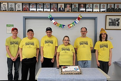 Special Olympics athletes Chris Jones, Glen Skayman, Scott Madder, Sandra Revet, Devin Leadbeater and Tyler Yurchuk (left to right) got a big send off on Sunday at the Riverview Curling Club, one week before they head to Calgary for the Special Olympics Canada Winter Games. Jones is joining up with a Winnipeg team to play floor hockey while the other five are serving as Team Manitoba in curling action. (Colin Slark/The Brandon Sun)
