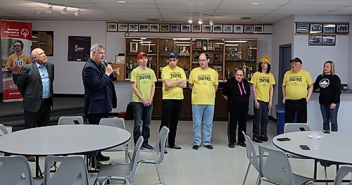 Brandon West PC MLA Wayne Balcaen wishes Special Olympics athletes from Brandon good luck at the Riverview Curling Club on Sunday evening during a pep rally held one week ahead of their trip to Calgary to compete at the national level. (Colin Slark/The Brandon Sun)