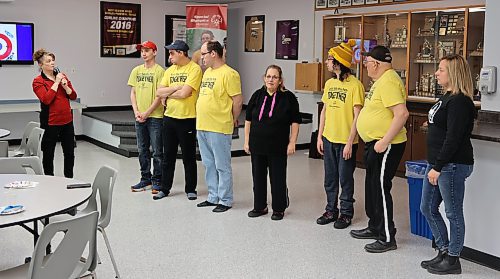 Head coach Jodee Webster introduces Special Olympics athletes Chris Jones, Scott Madder, Devin Leadbeater, Sandra Revet, Glen Skayman and Tyler Yurchuk as well as coach Gina Rank at a pep rally on Sunday evening at the Riverview Curling Club, one week before they head to Calgary to compete at nationals. (Colin Slark/The Brandon Sun)