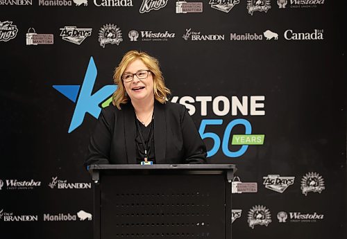 Connie Lawrence, general manager of the Keystone Centre, announces that new arena seating will be installed in Westoba Place during a news conference on the concourse of the Keystone Centre on Monday. (Michele McDougall/The Brandon Sun)