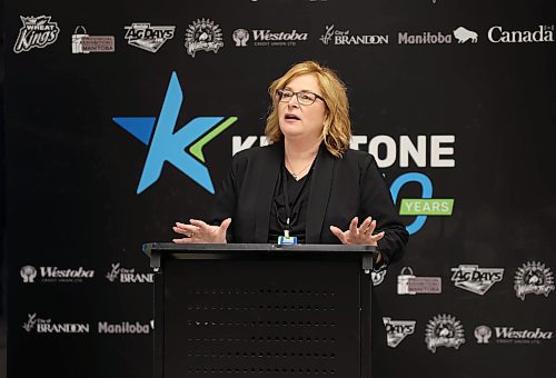 Connie Lawrence, general manager of the Keystone Centre makes the announcement that new arena seats will be installed in Westoba Place, during a news conference on the concourse of the Keystone Centre on Monday. (Michele McDougall/The Brandon Sun)