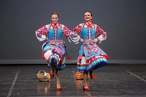 Olivia Bryden and Marin Federowich perform a folk dance duo in the dance portion of the Brandon Festival of the Arts on Thursday afternoon at the Western Manitoba Centennial Auditorium. (Matt Goerzen/The Brandon Sun)