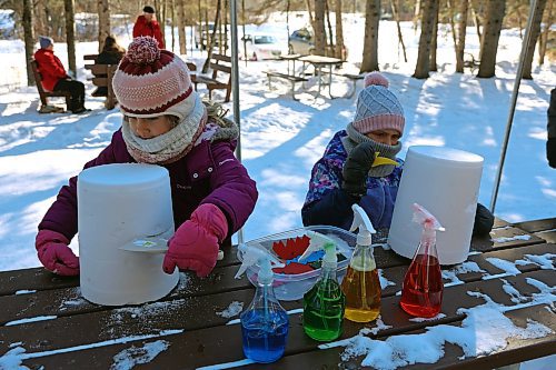 Sofia Bugai and Veronika Bykova focus intently as they carve into blocks of snow at the Friends of Riding Mountain National Park learning centre in Wasagaming on Saturday. (Colin Slark/The Brandon Sun)