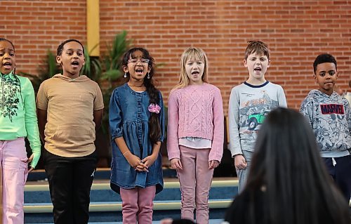 Grade 4 students from Christian Heritage School compete in the speech choir competition during this year's Brandon Festival of the Arts at Knox United Church on Monday. (Michele McDougall/The Brandon Sun)