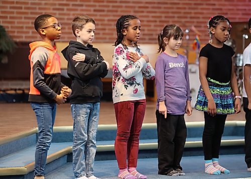 Grade 3 students from Christian Heritage School compete in the speech choir competition during this year's Brandon Festival of the Arts at Knox United Church on Monday. (Michele McDougall/The Brandon Sun)