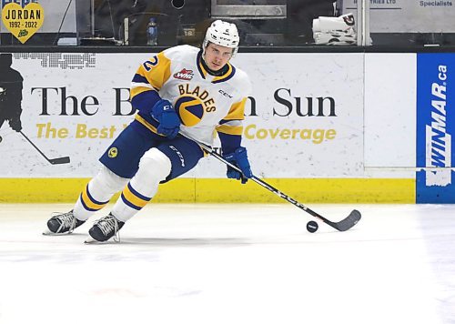 Saskatoon Blades defenceman Ben Saunderson, shown prior to a game against the Brandon Wheat Kings at Westoba Place on Feb. 19, plays a largely unheralded, but hugely important role for the Western Hockey League leaders. (Perry Bergson/The Brandon Sun)