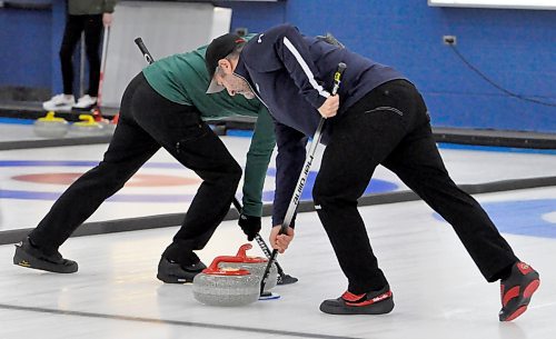 Crocus teacher Sheldon Wettig is Team Nunavut skip Shane Latimer's vice-skip when the foursome begins play at the Montana’s Brier on Friday at the Brandt Centre in Regina. In January, Wettig (right) volunteered to instruct during a Learn to Curl event at the Brandon Curling Club. (Jules Xavier/The Brandon Sun)

