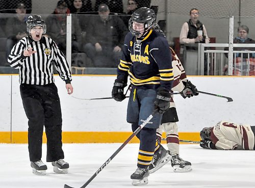 Birtle Falcons forward Colby Asselstine (4) received a five-minute major for head contact, plus a game misconduct with 2:45 left in the opening after he injured Plainsmen forward Ren Durward. (Jules Xavier/The Brandon Sun)