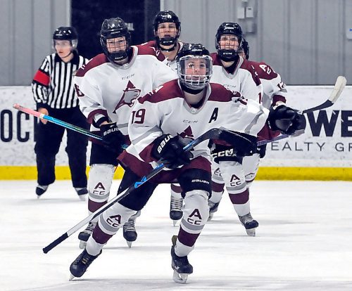 Assiniboine Community College Cougars senior Emmalie Thompson (19) celebrates her ninth goal of the season during a recent game at J&G Homes Arena. (Jules Xavier/The Brandon Sun)