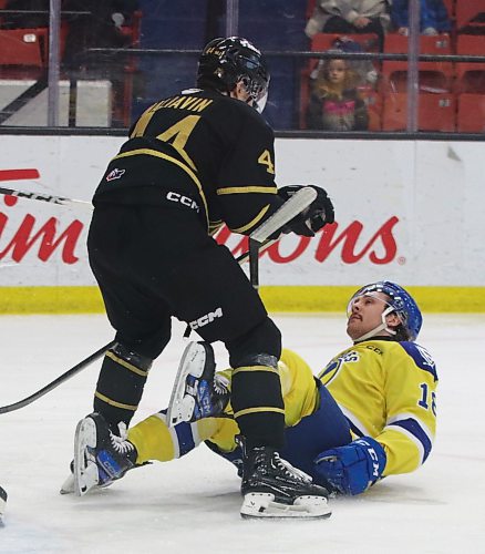 Brandon Wheat Kings defenceman Andrei Maliavan (44) deposits 
Saskatoon Blades forward Vaughn Watterodt (18) on his backside during Western Hockey League action at Westoba Place on Saturday. (Perry Bergson/The Brandon Sun)