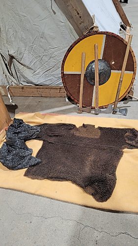 Chain mail, a wooden shield and some axes were on display as part of a historic Viking village put on by the Markland Vikings group of re-enactors at the Westman Gaming Expo, held at the Keystone Centre on Saturday and Sunday. (Miranda Leybourne/The Brandon Sun)