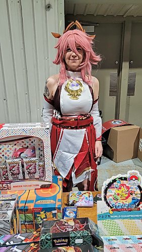 Jessica Boutier, a sales associate with I Want That Stuff in Brandon, dressed up as Yae Miko from the Genshin Impact video game series at the Westman Gaming Expo on Sat., March 2. (Miranda Leybourne/The Brandon Sun)