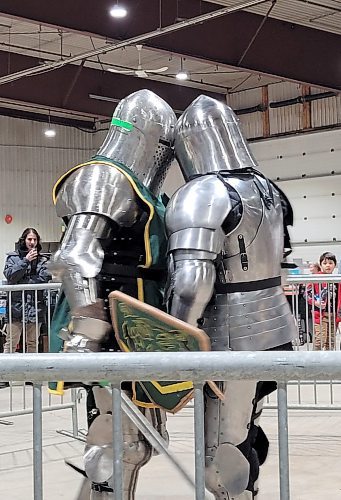 Two knights get up close and personal before sparring at the Westman Gaming Expo at the Keystone Centre in Brandon on Sat., March 2. (Miranda Leybourne/The Brandon Sun)