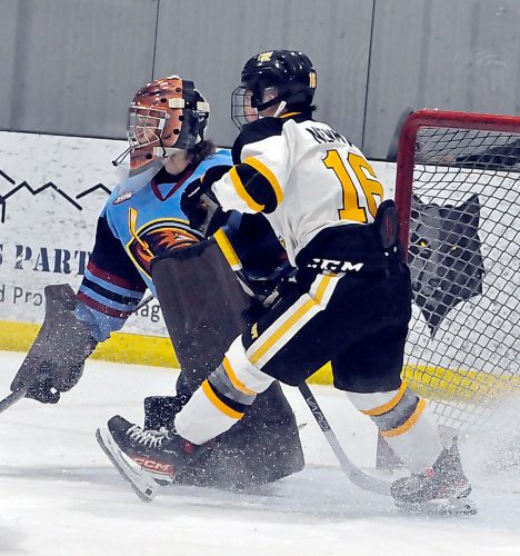 Brandon Wheat Kings U17 AAA forward Lucas Newman (16) perches himself in front of Winnipeg Thrashers goaltender Wyatt Minsky's crease waiting for a shot from the point during Game 2 on Feb. 24 at J&G Homes Arena. The Thrashers won 4-3 to take a 2-0 lead in the best-of-five series. (Jules Xavier/The Brandon Sun)