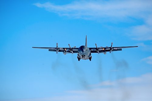 A C-130 Hercules aircraft flies into the Brandon Municipal Airport during a routine training session on Tuesday afternoon. (Matt Goerzen/The Brandon Sun)